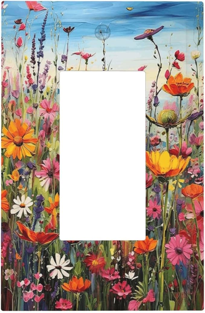 Colorful Wildflowers Painting Floral Flower Decorative Outlet Covers 1 Gang Single Rocker Light Switch Cover Plate Wall Plates GFCI Faceplate for Bedroom Living Room Decor