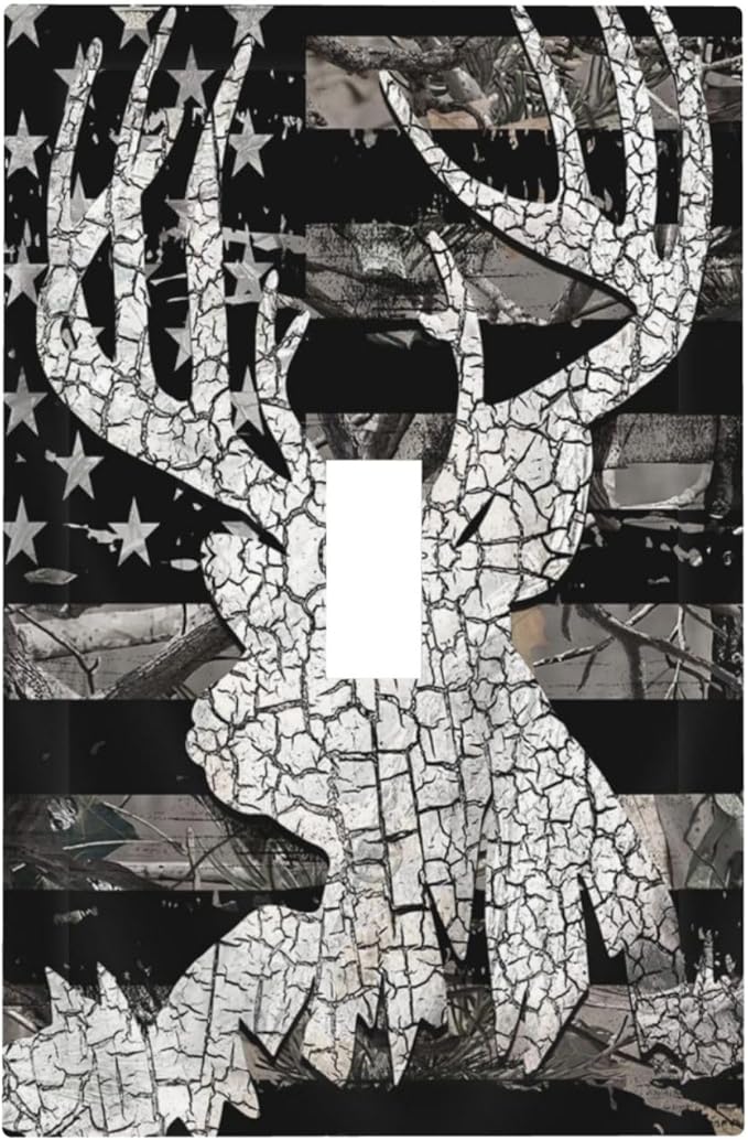 Black Usa Country American Flag Autumn Hunting Leaves Deer Antler Elk 1-Gang Device Single Toggle Outlet Light Switch Wall Plate Covers Electrical Midway Size Faceplate Decorative Switchplate