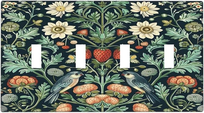 Light Switch Cover Plate Strawberry Birds Flowers Plant Morris Floral 4 Gang Quad Toggle Decorative Switch Plates Electrical Wall Plates Faceplate for Bathroom Bedroom Decor
