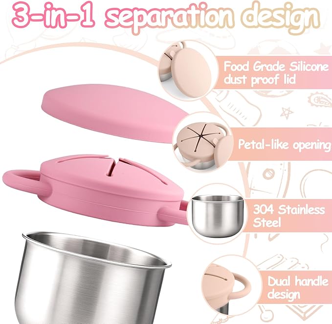 Mity rain Stainless Steel Snack Containers for Toddlers with Spill-Proof Silicone Lids Handles - 3-in-1 Baby Snack Cups, No-Spill Toddler Snack Box (Pink+Yellow, Two piece set)