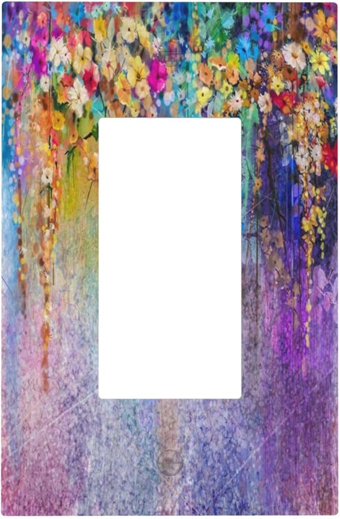 Colorful Floral Watercolor Flower 1 Gang Rocker Light Switch Plate Purple Garden Single Decora Outlet Wall Plate Cover Faceplate Decorative Switchplate GFCI for Farmhouse Bathroom Bedroom Decorate