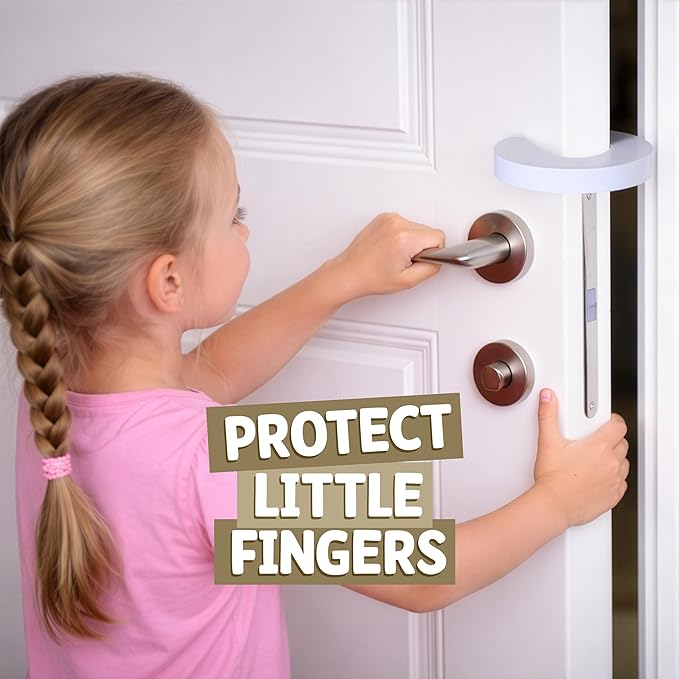 4 Pack Child Door Locks Lever Handle | Baby Safety Door Knob Lock | Prevent Toddlers from Opening Doors, Easy for Adults to Open | Durable Adhesive Simple Install | 8 Bonus Pinch Guards Included