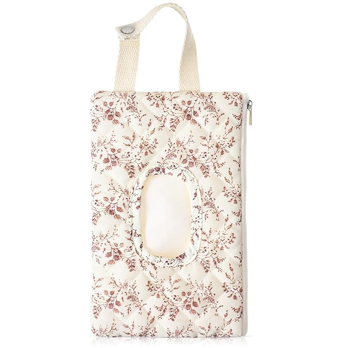 1 Pcs Quilted Diaper and Wipes Pouch Portable Hanging Floral Wet Wipe Bag Diaper Bag Reusable Wipes Pouch for for Stroller Car Travel Infant Diapering Organizer (Beige Floral)