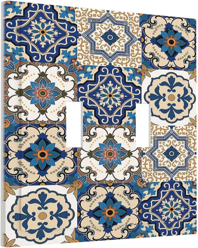 Decorative Switch Plates Mandala Decorative Tile Talavera Moroccan Tiles 2 Gang Double Toggle Wall Plate Outlet Light Switch Cover Electrical Faceplate for Bedroom living Room Decor