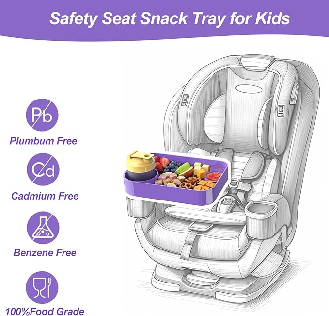 Car Seat Snack Tray for Kids, Mess-Free Square Travel Tray Cup Holder Snack Tray, Durable Car Food Tray for Toddlers, Universal Fit Kids Travel Road Trip Essentials (purple)