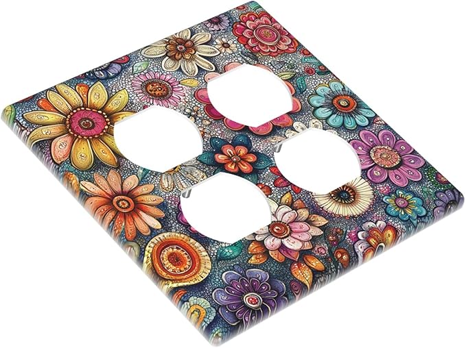 Outlet Covers Colorful Rainbow Pointillisme Flower 2 Gang Double Duplex Decorative Light Switch Covers Electrical Wallplates Socket Faceplate For Bed Room Home Decor