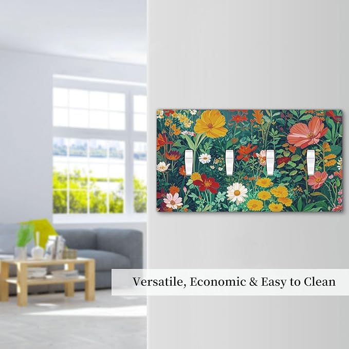 Decorative Switch Plate Cover with Wildflowers & Stars Botanical Floral Art Design 4 Gang Artistic Wall Plate Unique Quad Toggle Light Switch Covers for Garden Theme Wall Decor