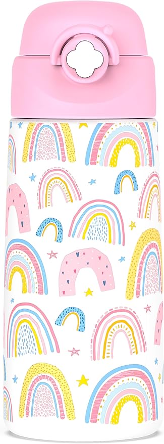 Girls Insulated Water Bottle with Covered Pop-Up Straw,16 oz Kids Cups with Stainless Steel Leak Proof for School（Rainbow-Pink）