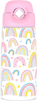 Girls Insulated Water Bottle with Covered Pop-Up Straw,16 oz Kids Cups with Stainless Steel Leak Proof for School（Rainbow-Pink）
