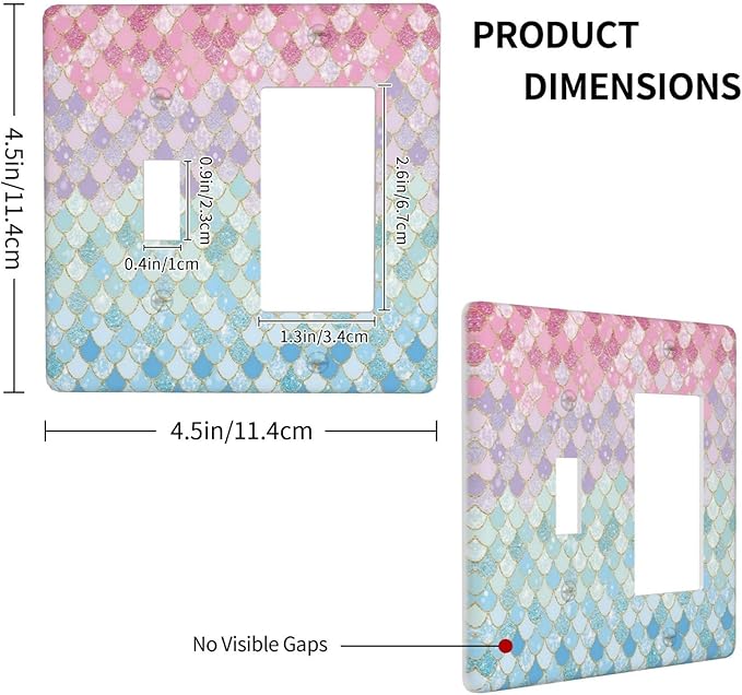 Colorful Mermaid Scales 2 Gang Single Toggle Rocker Combination Light Switch Cover Decorative Wall Plate Cover Electrical Faceplate for Bathroom Girls Bedroom Kids Baby Nursery Living Room Decorate