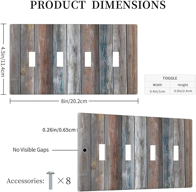 Light Switch Cover Vintage Blue Grey Wood Plank 4 Gang Switch Plate Quad Toggle Wall Plates Rustic Country Decorative Switchplate Electrical Outlet Cover Plates for Farmhouse Home Decor