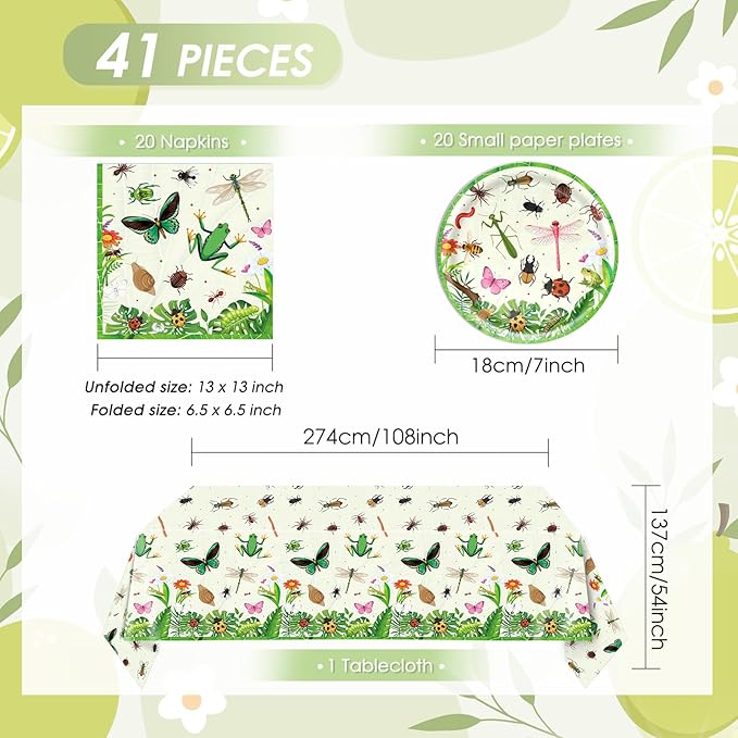 41Pcs Bug Birthday Party Decorations, Kids Garden Insect Explorer Adventure Themed Tableware Set Bug Paper Plates Napkins Tablecloth,for Garden Nature Themed Birthday Baby Shower Insect Party Supplies