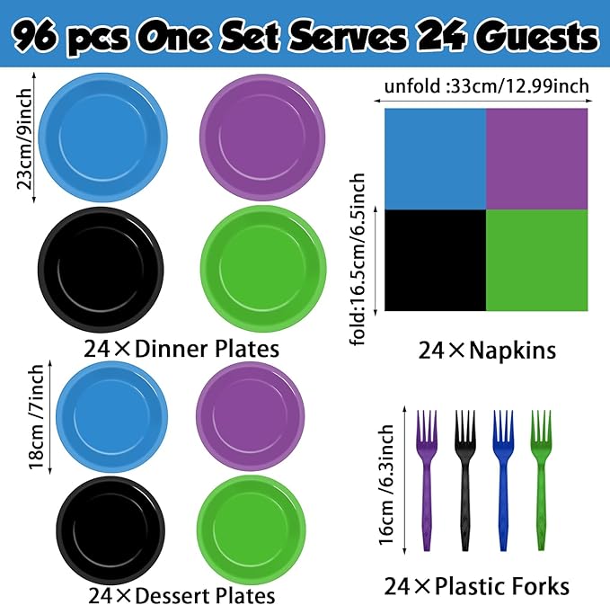 96Pcs Night Video Game Party Supplies Nite Gamer Paper Plates and Napkins Birthday Decorations Level Up Disposable Tableware Set for Kids Video Game Birthday Baby Shower Party Decorations Serves 24