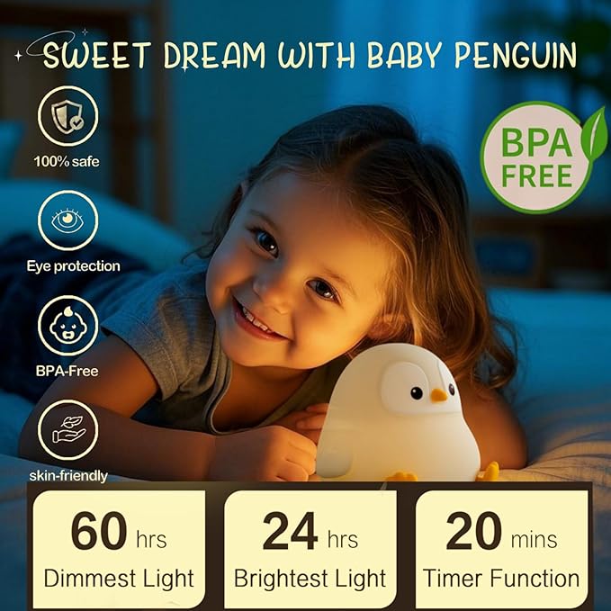 YR YRHH-PET Penguin Night Light for Kids, Squishy Rechargeable Penguin Lamp, Cute White Elephant Christmas Gifts, Dimmable Touch Penguins Nightlight, Boy Girl Baby Nursery Room College Animal Décor