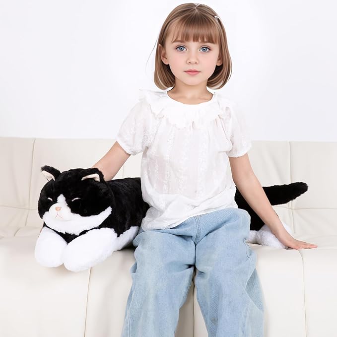 32 inch Large Stuffed Animal Cat Plush Toy, Big Long Cat Stuffed Animal Body Pillow, Black & White Kitty Stuffy Plushie Gift for Kids Boys Girls, Birthday