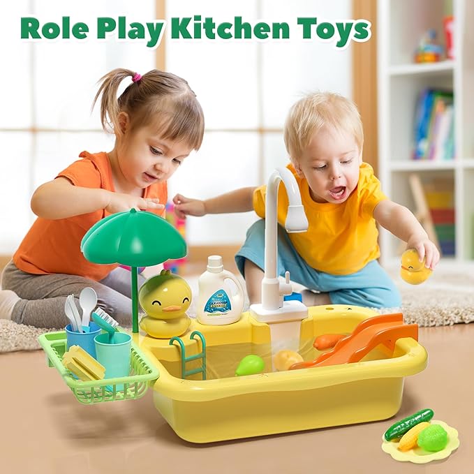 CUTE STONE Play Sink with Running Water, Kitchen Sink Toys with Play Food and Kitchen Utensils, Pool Floating Toys for Fishing Game, Children Role Play Electric Dishwasher Toy Gift for Boys Girls
