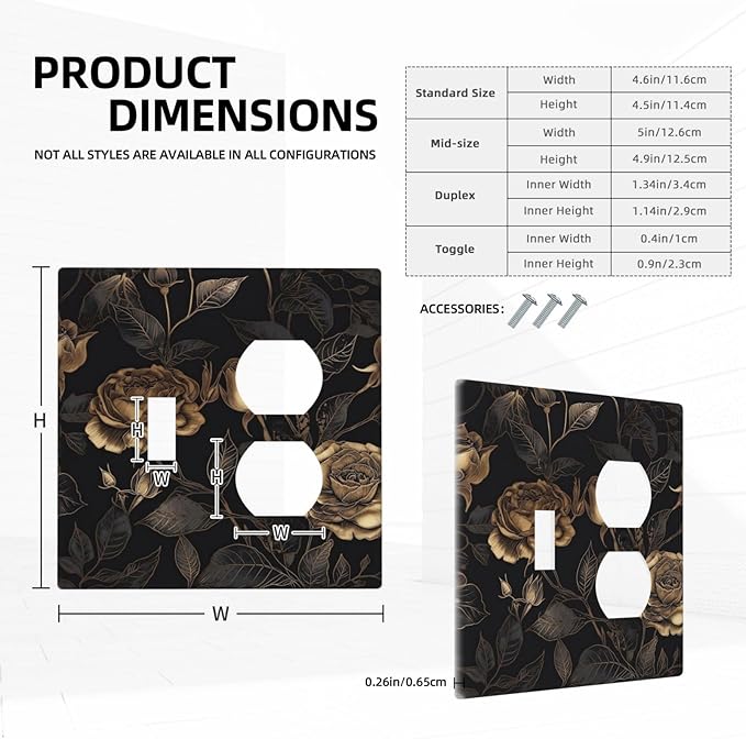 Black Floral Dark Vintage Gold Rose Flower Wallplates 1 Toggle 1 Duplex Switch Plate Electrical GFCI Faceplate Decorative Light Switch Covers for Bedroom Living Room Decor