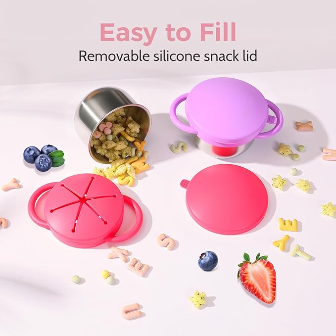 2 Pack Stainless Steel Baby Snack Cups for Toddlers Kids with Silicone Food Catcher, Travel Lid, Spill-Proof Bowl Containers, Toddlers Essentials