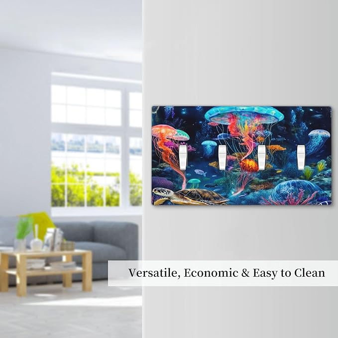 Jellyfish Sea Turtle Fantasy Ocean Coral Underwater World Light Switch Covers Quad Toggle Electrical Faceplate 4 Gang Wall Plate Decorative Switch Plates for Nursery Kids Room Decor