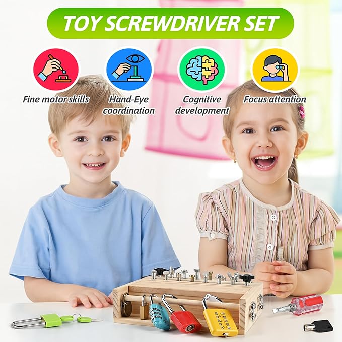 Montessori Screwdriver Board Set, Montessori Toys for 3 4 5 with 6 Locks and Keys, Toddler Screwdriver Toy, Kids Tool Set, Preschool Learning Sensory Toy, Fine Motor Skills Toys