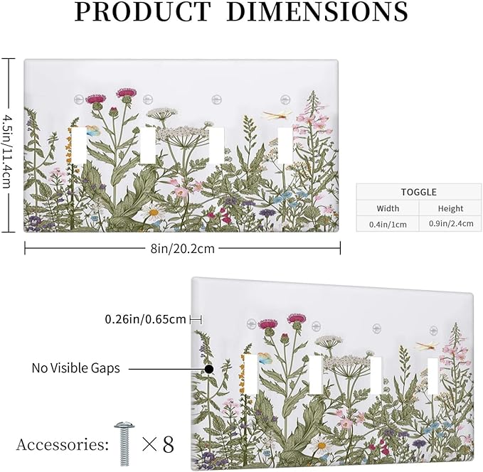 Rustic Wild Floral Vintage Teal Botanical Quad Toggle Light Switch Cover Decorative 4 Gang Switch Plates Cover for Bathroom Home Living Room Decor 8 X 4.5 In