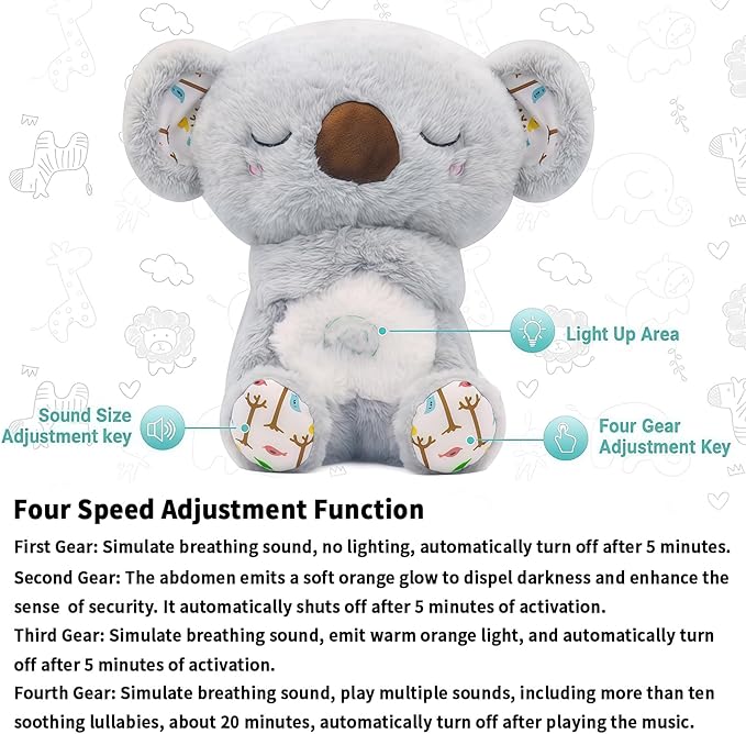 rytopt Breathing Stuffed Animal, No Breathing Movement in Its Abdomen, Koala Stuffed Animal, 4 Gear Adjustment, Volume Control, with Music & Lights ﻿