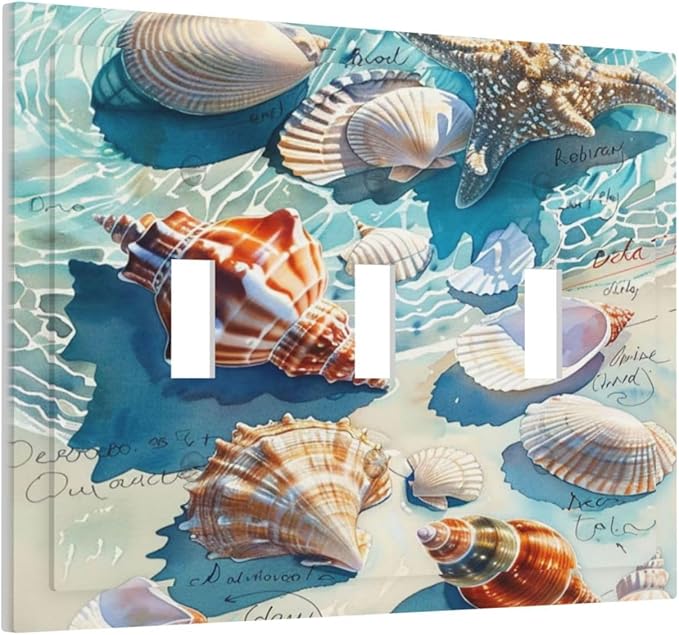 Decorative Switch Plates Ocean Waves Starfish Conch Scallop Shell 3 Gang Wall Plate Triple Toggle Light Switch Cover Faceplate Electrical Wall Panels For Kids Room Nursery Decor