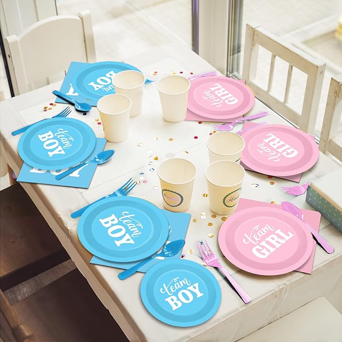 96 PCS Gender Reveal Party Supplies Gender Reveal Plates and Napkins Baby Shower Party Tableware Boy or Girl Disposable Paper Plates Napkins for Party Decorations Supplies Favors for 24 Guests