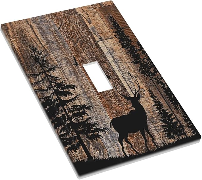 Decorative Light Switch Cover Rustic Forest Antler Elk Deer Silhouettes Animals Wood Grain 1 Gang Single Toggle Decorator Outlet Wall Plate Device Electrical Faceplate Switchplates for Farmhouse