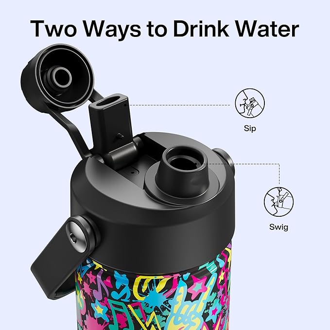 ENCOOL Insulated Water Bottle with Straw Stainless Steel Water Bottle, Leak-Proof, BPA-Free, Double Wall Vacuum Keeps Cold for 24 Hours for Sports, Travel, School (26 oz, Graffiti Crown)
