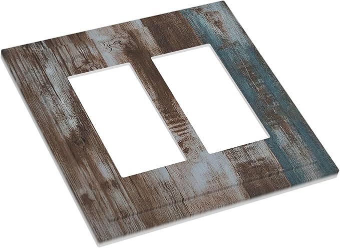 Vintage Blue Brown Wood Grain Decorative Outlet Covers 2 Gang Double Gfci Rocker Electrical Wall Panels Light Switch Cover Plate for Bedroom Farmhouse Decor