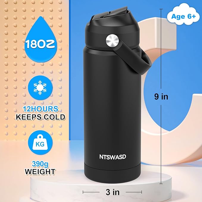 Kids Water Bottle with Straw,18 oz Boys Insulated Cups with Stainless Steel Leak Proof for School Boys Girls,Sport&Travel（Black）