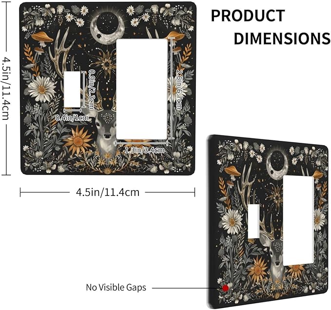 Light Switch Cover Plate Vintage Deer Flowers Moon Natural Plants Floral 2 Gang Combo Wall Plates Toggle Rocker Decorative Switch Plates and Outlet Covers for Bathroom Bedroom Decor