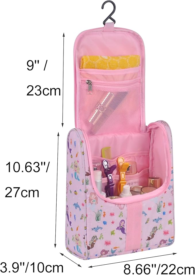 Remobia Hicol Cute Cartoon Hanging Kids Toiletry Bag Children Travel Cosmetic Makeup Organizer Wash Bag Shower bag Over Night Bag Camping Shaving Kit Bag for Boys & Girls (Mermaid Pink)