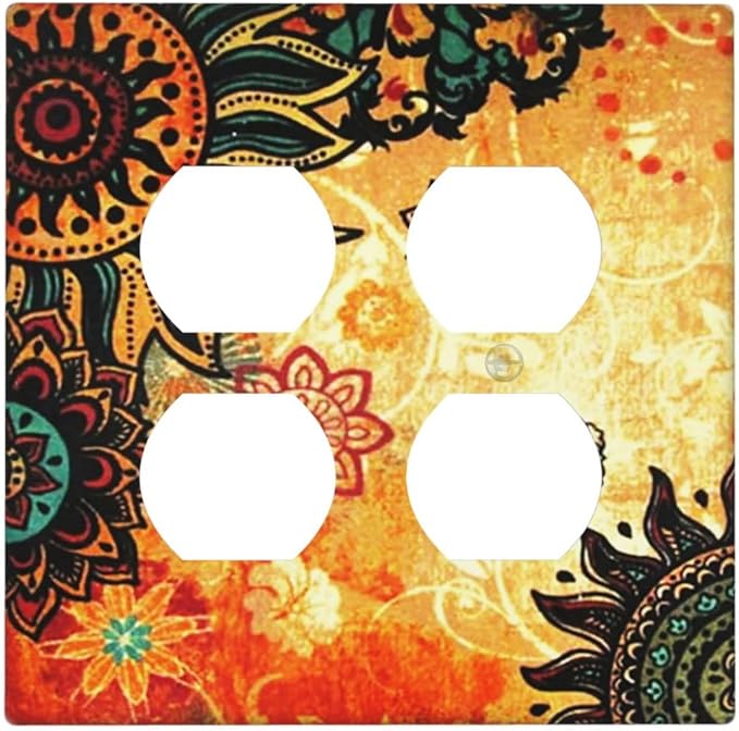 Art Red Boho Flower 2 Gang Double Duplex Combo Dual Device Outlet Cover, Burnt Orange Bohemian Flowered Mandala Floral Sunflower Two Gang Combination Receptacle Wall Plate Outlet Light Switch Covers