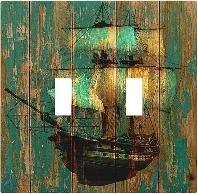Decorative Switch Plates Rustic Green Wood Grain Sailboat 2 Gang Double Toggle Wall Plate Outlet Light Switch Cover Electrical Faceplate for Farmhouse Bedroom Decor