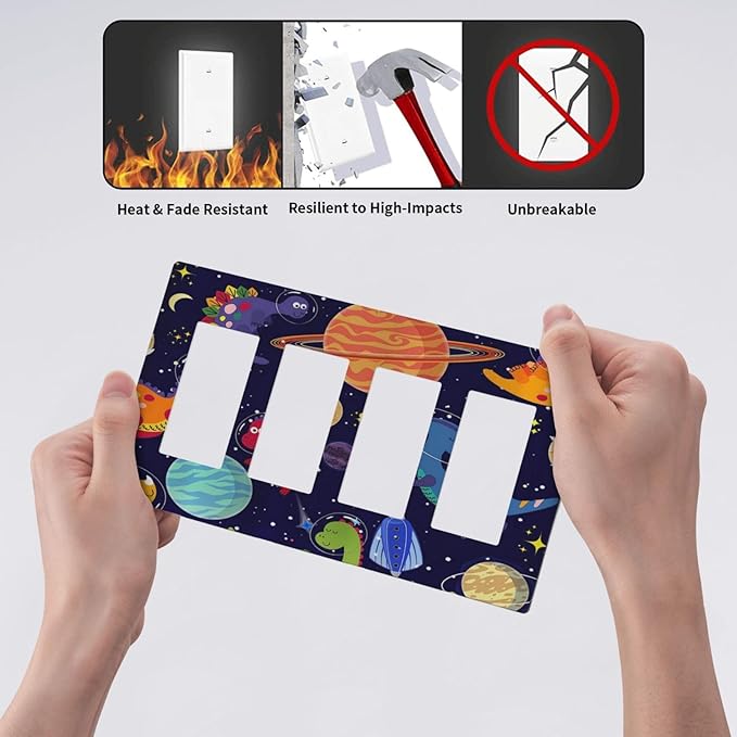 Galaxy Starry Astronaut Dinosaur 4 Gang Quad Rocker Light Switch Cover Plate Decorative Electric Faceplate Switchplate Living Room Bedroom Decorate Jumbo Screwless