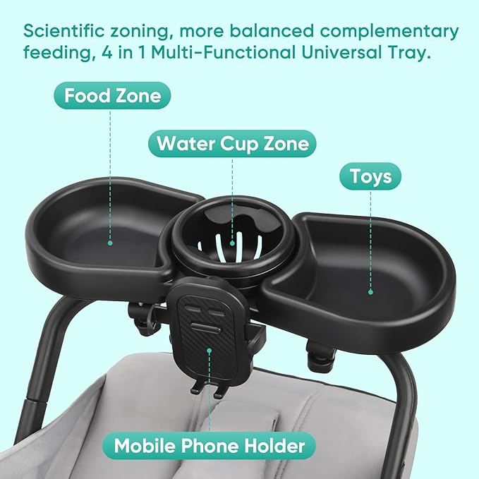 Universal Stroller Snack Tray, 4 in 1 Stroller Tray Attachment with Cups Phone Holder for Baby Toddler Stroller, 360° Rotation Universal Stroller Tray Compatible with Uppababy, Baby Jogger, etc
