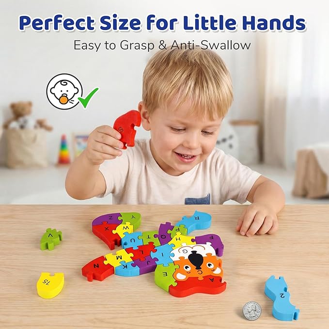 LovesTown Wooden Puzzles for Kids, Double Sided Lion Jigsaw with Alphabet & Numbers, Montessori Educational Toy for Toddlers, Chunky Animal Gift
