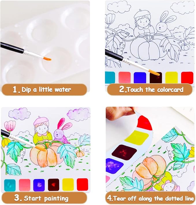 JUNQIU Watercolor Coloring Books for Kids Ages 4-8, Pocket Watercolor Painting Book for Toddlers, Arts and Crafts for Girls Gifts, Stocking Stuffers For Kids
