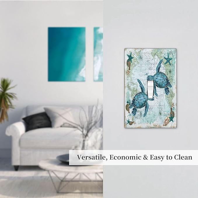 Decorative Light Switch Cover Nautical Green Sea Turtles Beach Blue Ocean 1 Gang Single Toggle Device Electrical Faceplate Switchplates Decorator Outlet Wall Plate For Bathroom Kids Room