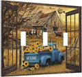 Fall Western Farmhouse Cow 3 Gang Light Switch Plate Decorative Barn door Blue Truck Triple Toggle Wall Plate Cover Electrical Faceplate for Bathroom Home Living Room Bedroom Art Panel Decor