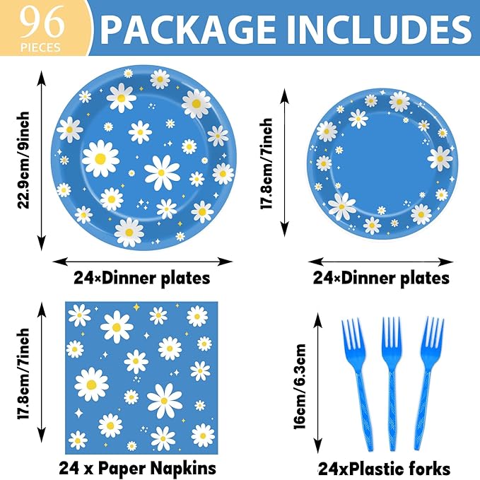 Justforjoyful 96Pcs Daisy Birthday Party Supplies Groovy Flower Paper Plates and Napkins Spring Floral Disposable Dinner Dessert Tableware Set for Blue Baby Shower Birthday Party Decorations Serve 24