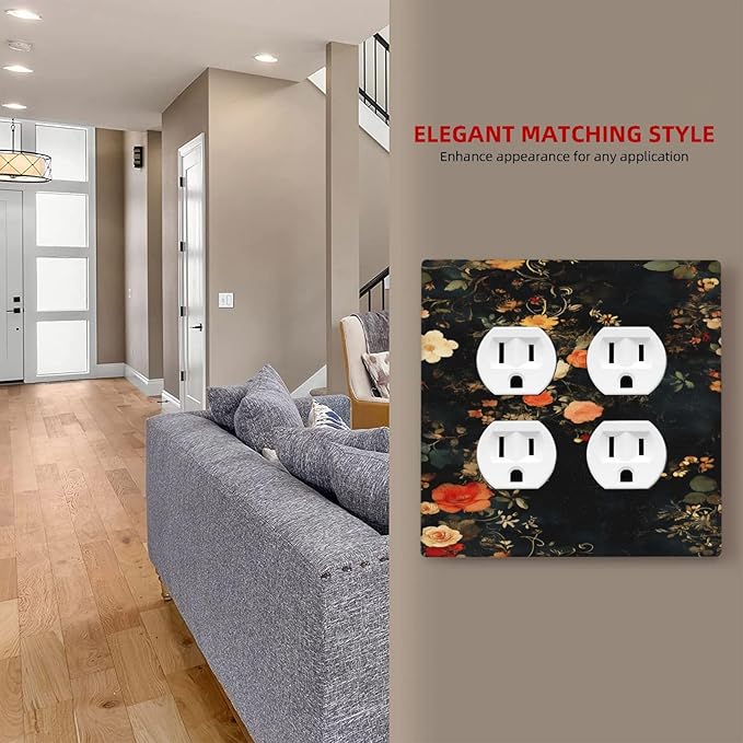 Vintage Orange Pink Black Roses Floral Flower Outlet Covers 2 Gang Double Duplex Decorative Light Switch Covers Electrical Wallplates Socket Faceplate for Farmhouse Bedroom Decor
