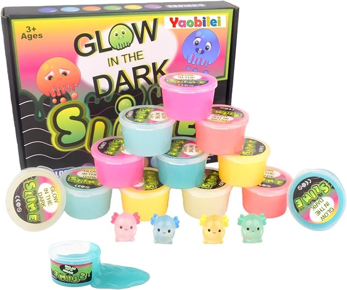 12 Pack Glow in the Dark Slime Kit with Axolotl Charms, Non-Toxic Mess Free Smooth Sludge Toy, Party Favors for Kids, Stress Relief, Slime Bulk for Boys Girl, Easter Stocking Stuffers