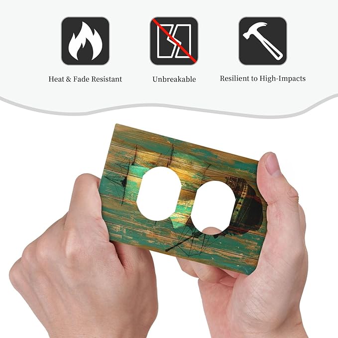 Outlet Covers Rustic Green Wood Grain Sailboat 1 Gang Duplex Light Switch Cover Electrical Receptacle Faceplate Wall Plate Decorative Switch Plates for Farmhouse Bedroom Decor