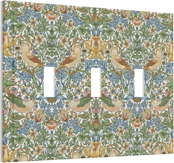 William Morris Strawberry Thrush Birds 3 Gang Light Switch Cover Vintage Floral Flowers Plant Triple Toggle Wall Plate Decorative Electrical Switchplates for Country Bedroom Kitchen Décor
