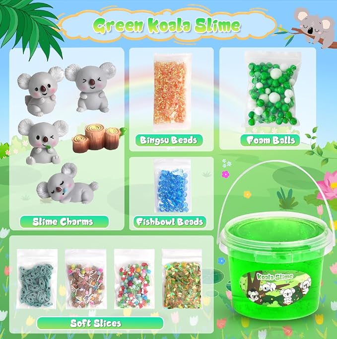 Koala Slime Kit 10oz, Vibrant Green Clear Slime Bucket for Kids Ages 8-12 with Various Add-ins, Non-Sticky & Stretchy, Slimes Party Favors Birthday, DIY Sensory Toys
