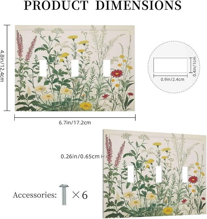 Rustic Wildflower Green Plants Daisy Floral Decorative Switch Plates 3 Gang Wall Plate Triple Toggle Light Switch Cover Faceplate Electrical Wall Panels For Farmhouse Bed Room Decor