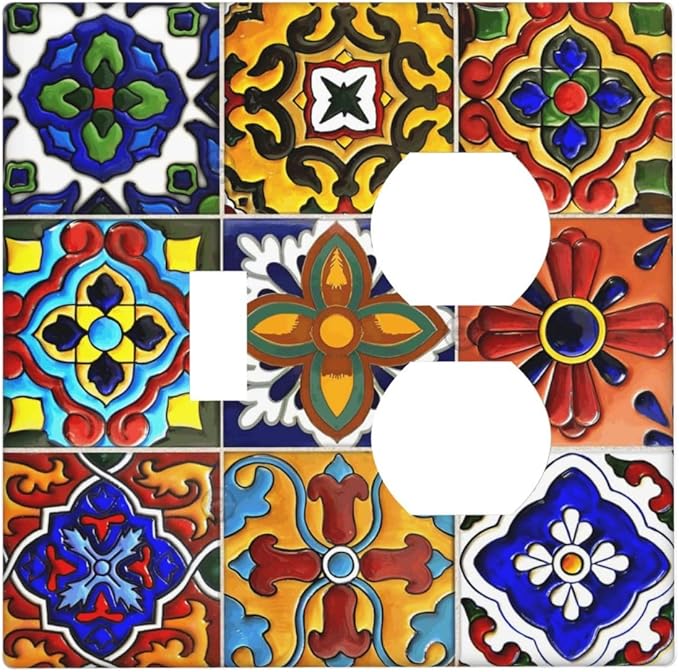 Vintage Colorful Boho Mexican Moroccan Tile Wallplates 1 Toggle 1 Duplex Switch Plate Electrical GFCI Faceplate Decorative Light Switch Covers for Farmhouse Home Decor